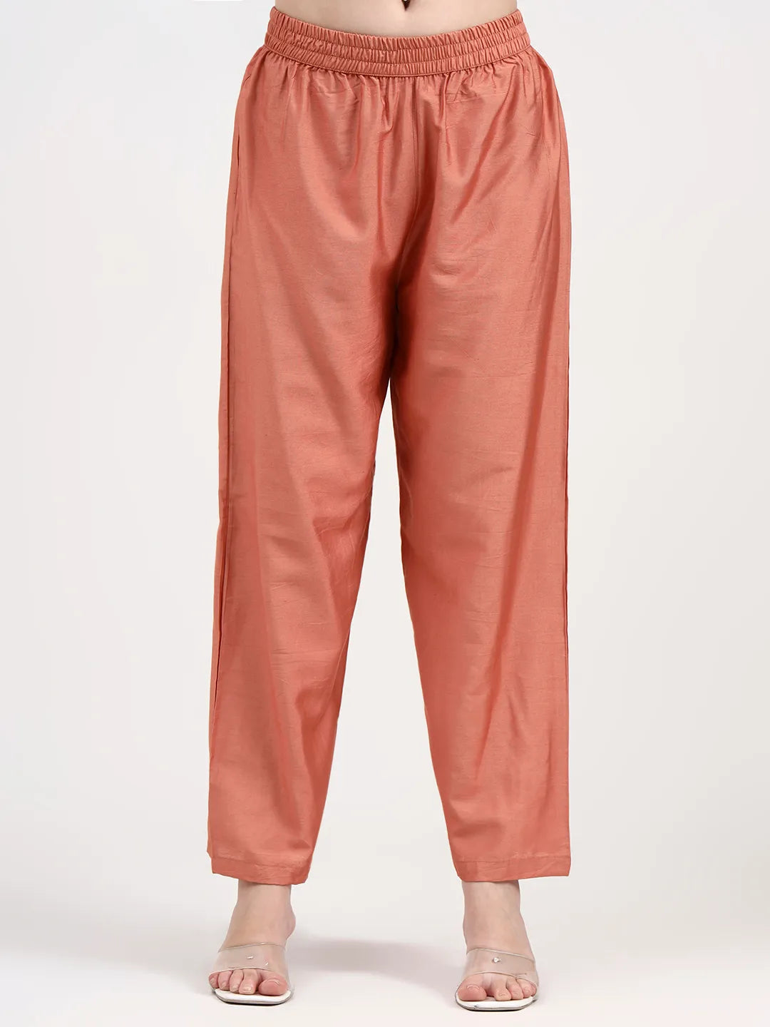 Peach Chanderi Silk Kantha Work Anarkali Kurta Trouser Dupatta Set