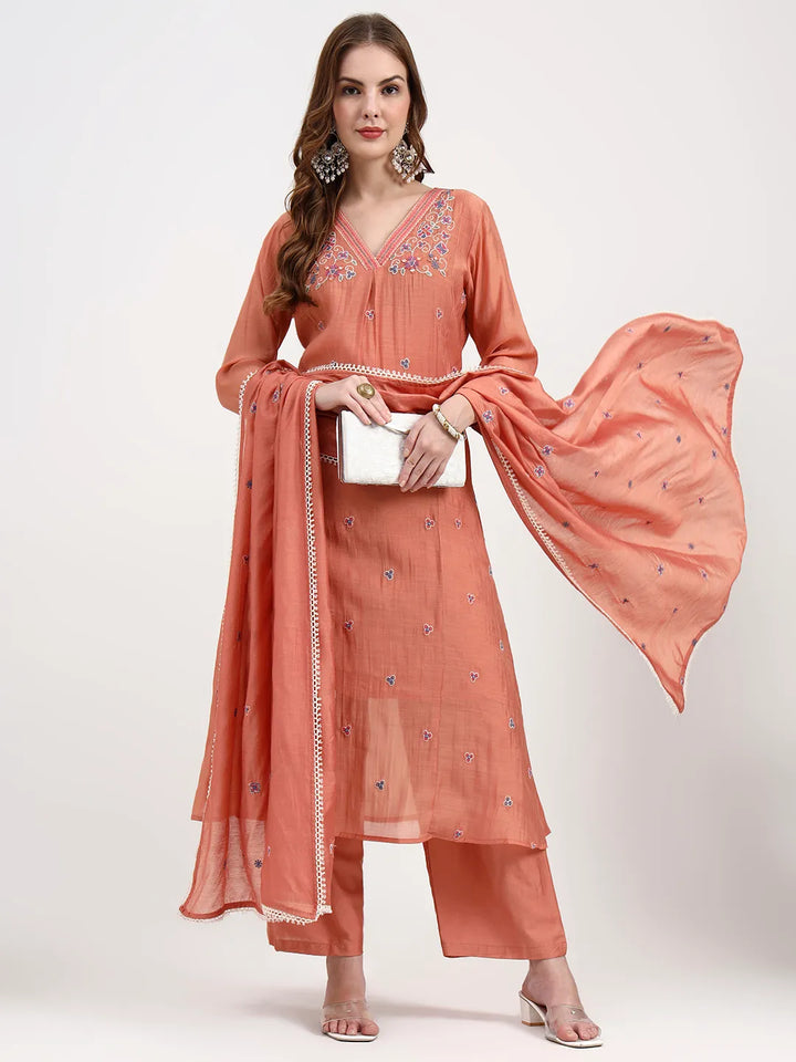 Peach Chanderi Silk Kantha Work Anarkali Kurta Trouser Dupatta Set