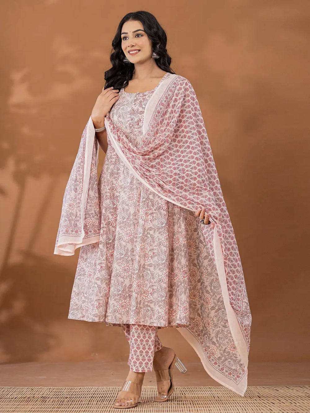 Peach Cotton Anarkali Square Neck Kurta Dupatta Set-Yufta Store-7155SKDPCS