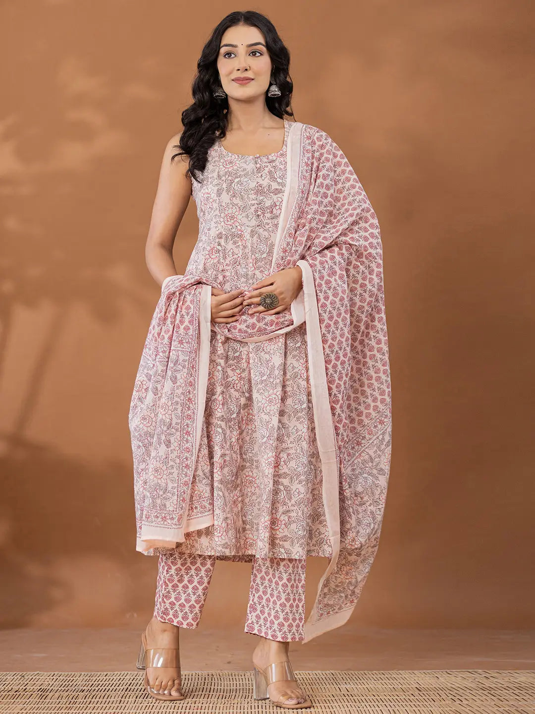 Peach Cotton Anarkali Square Neck Kurta Dupatta Set-Yufta Store-7155SKDPCS