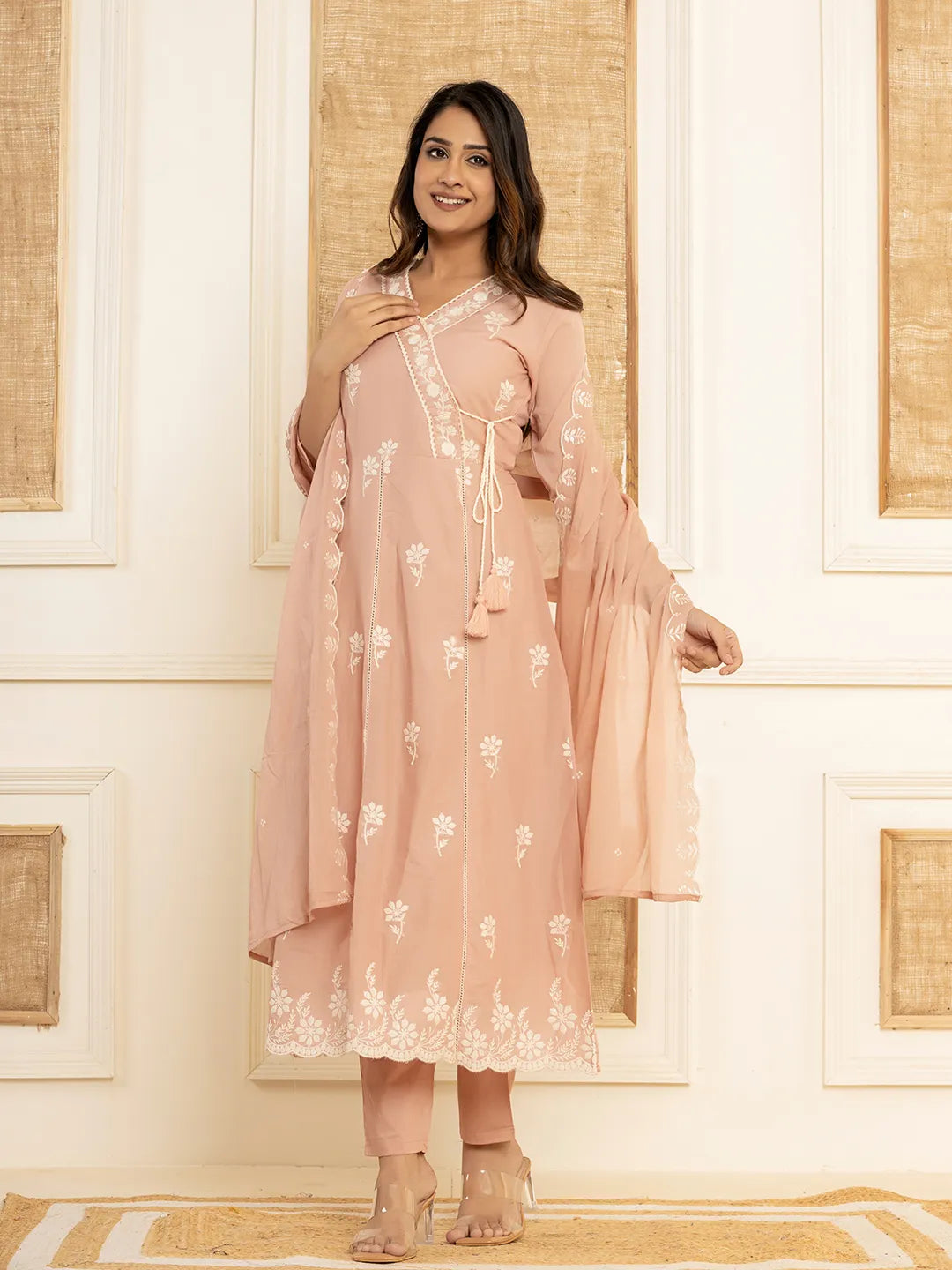 Peach Cotton Embroidered Kurta Set With Dupatta Set-Yufta Store-1876SKDPCS