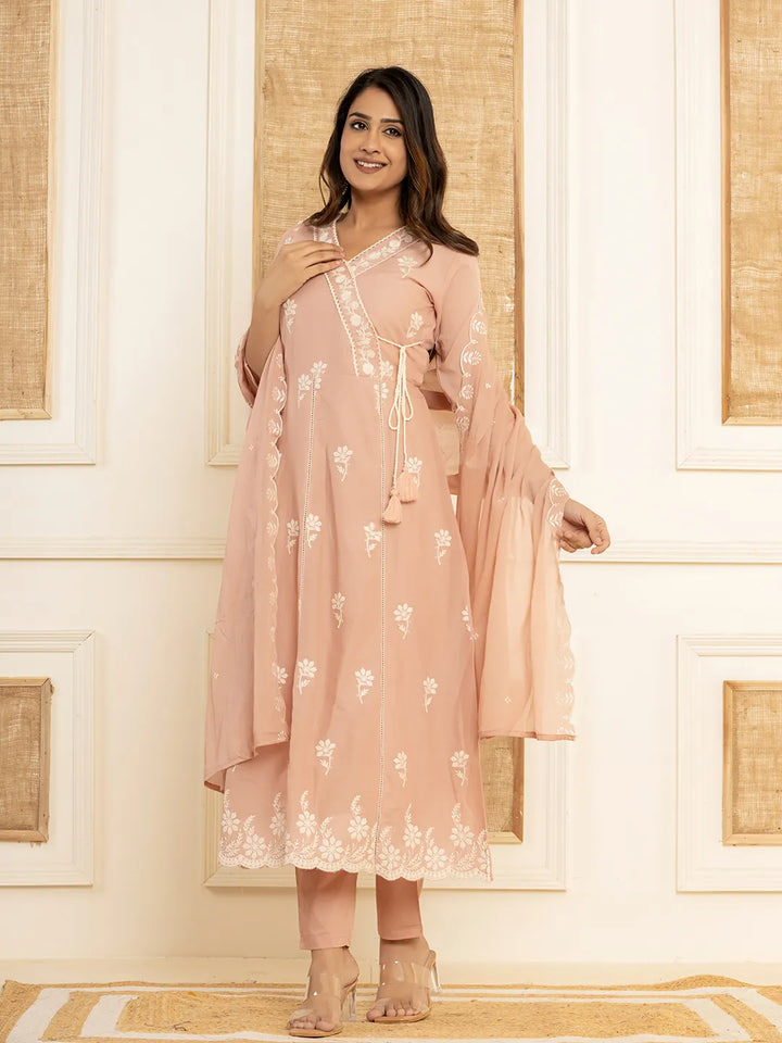 Peach Cotton Embroidered Kurta Set With Dupatta Set-Yufta Store-1876SKDPCS