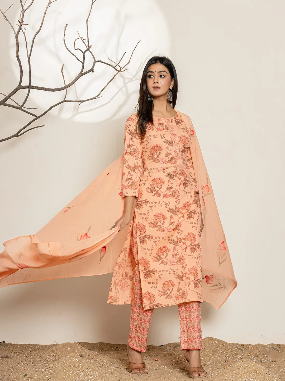 Peach Cotton Floral Print Kurta Dupatta Set-Yufta Store-7010SKDPCS