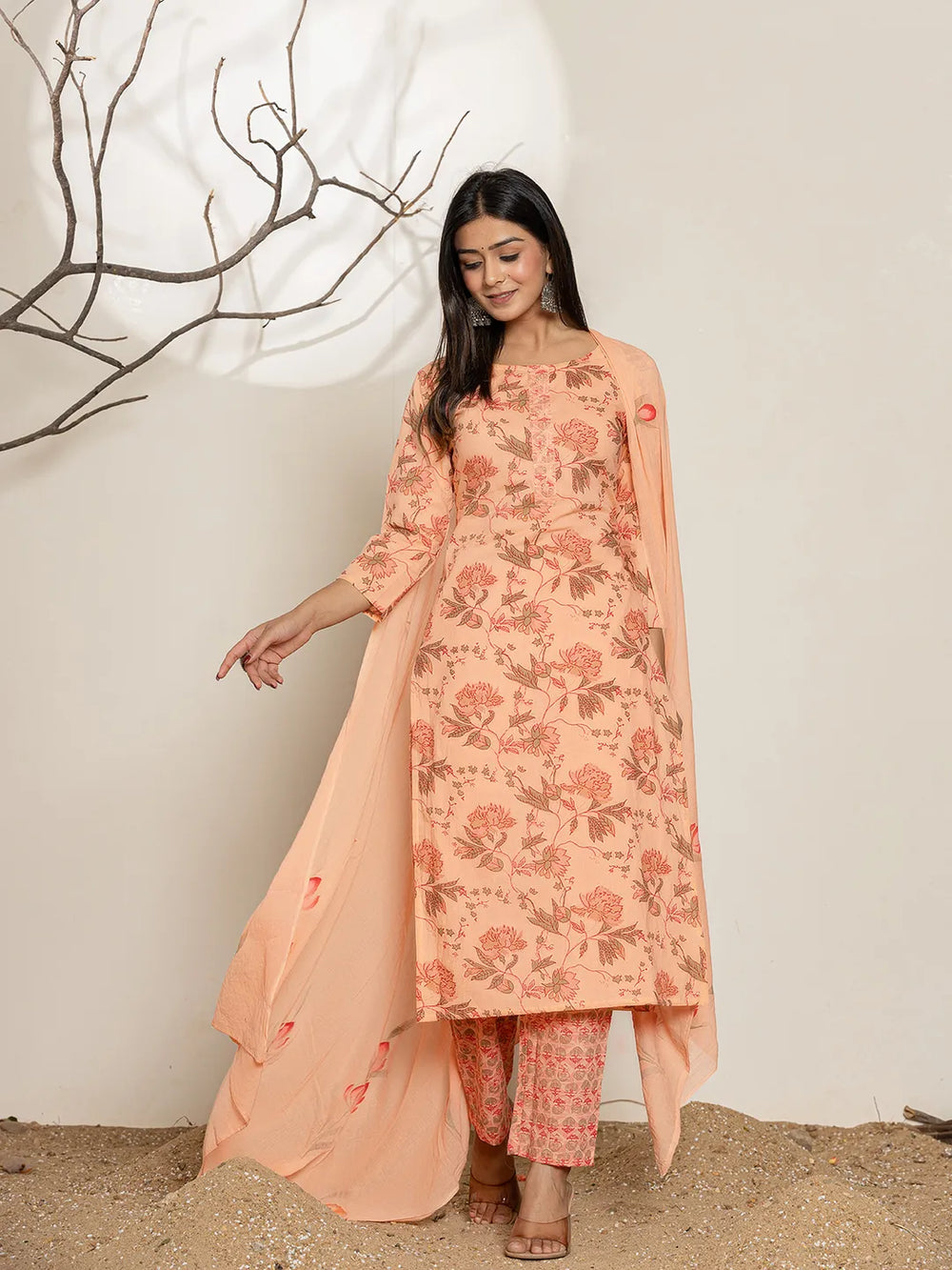 Peach Cotton Floral Print Kurta Dupatta Set-Yufta Store-7010SKDPCS