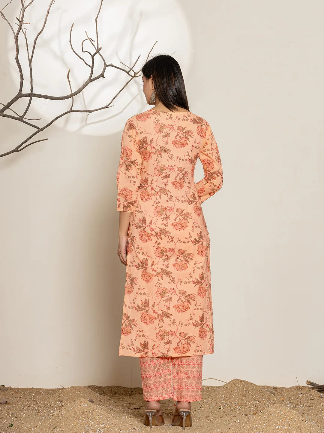 Peach Cotton Floral Print Kurta Dupatta Set-Yufta Store-7010SKDPCS