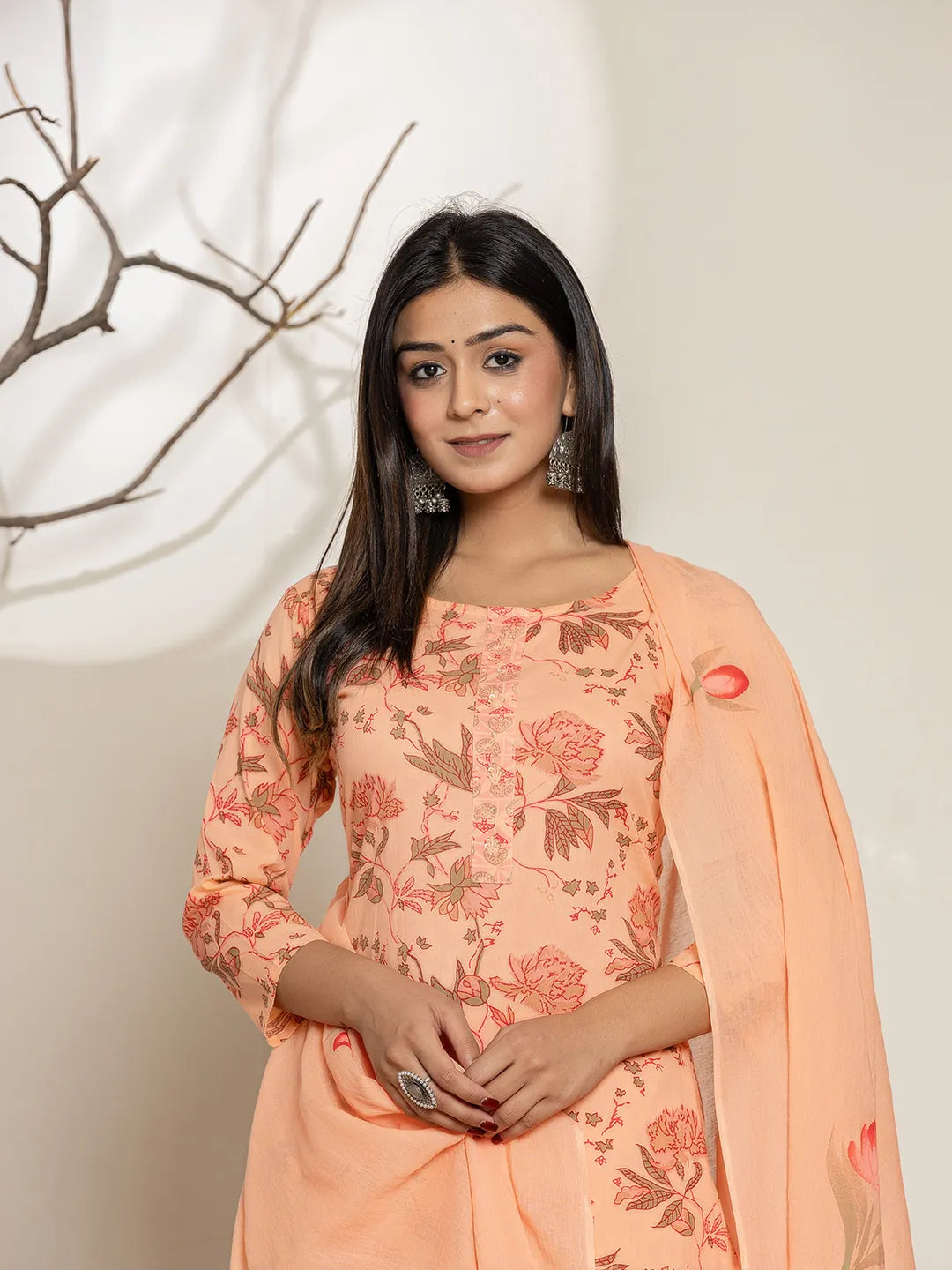 Peach Cotton Floral Print Kurta Dupatta Set-Yufta Store-7010SKDPCS