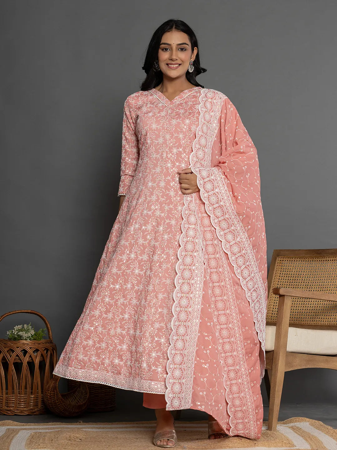 Peach Cotton Silk Embroidered Anarkali Kurta Dupatta Set-Yufta Store-7153SKDPCS