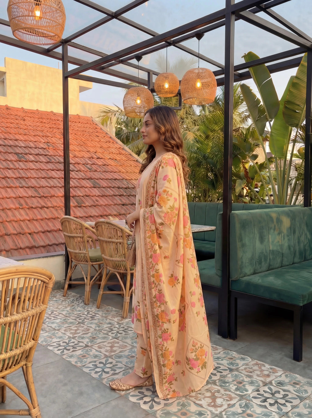 Peach Cotton Straight Kurta Pant Dupatta Set