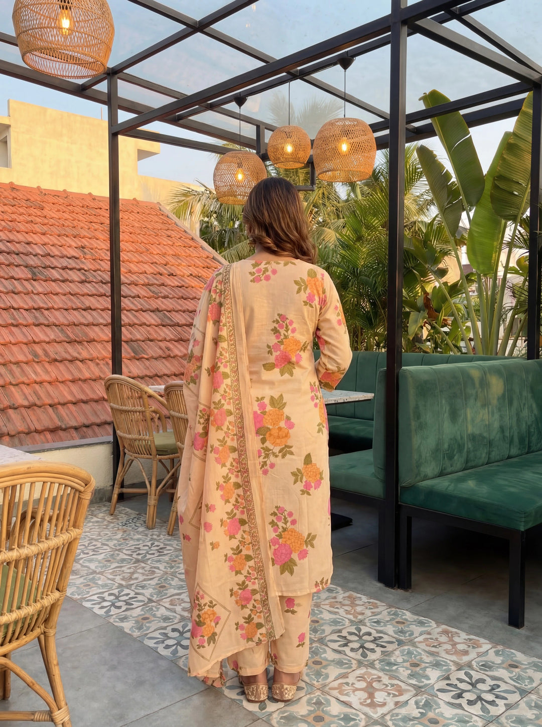 Peach Cotton Straight Kurta Pant Dupatta Set