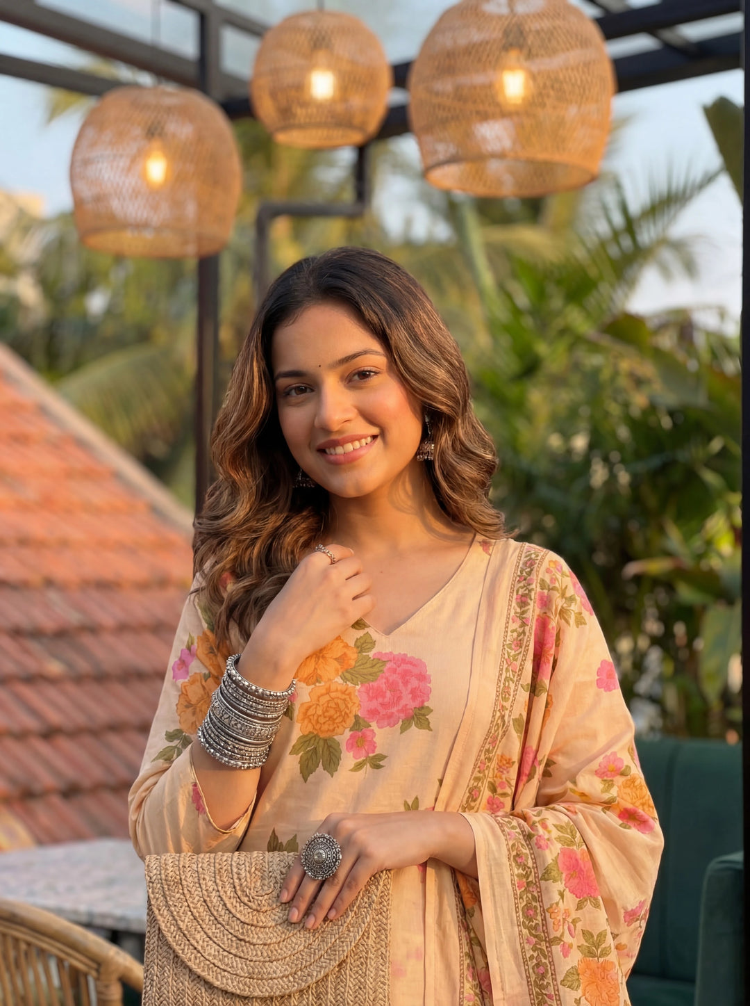 Peach Cotton Straight Kurta Pant Dupatta Set