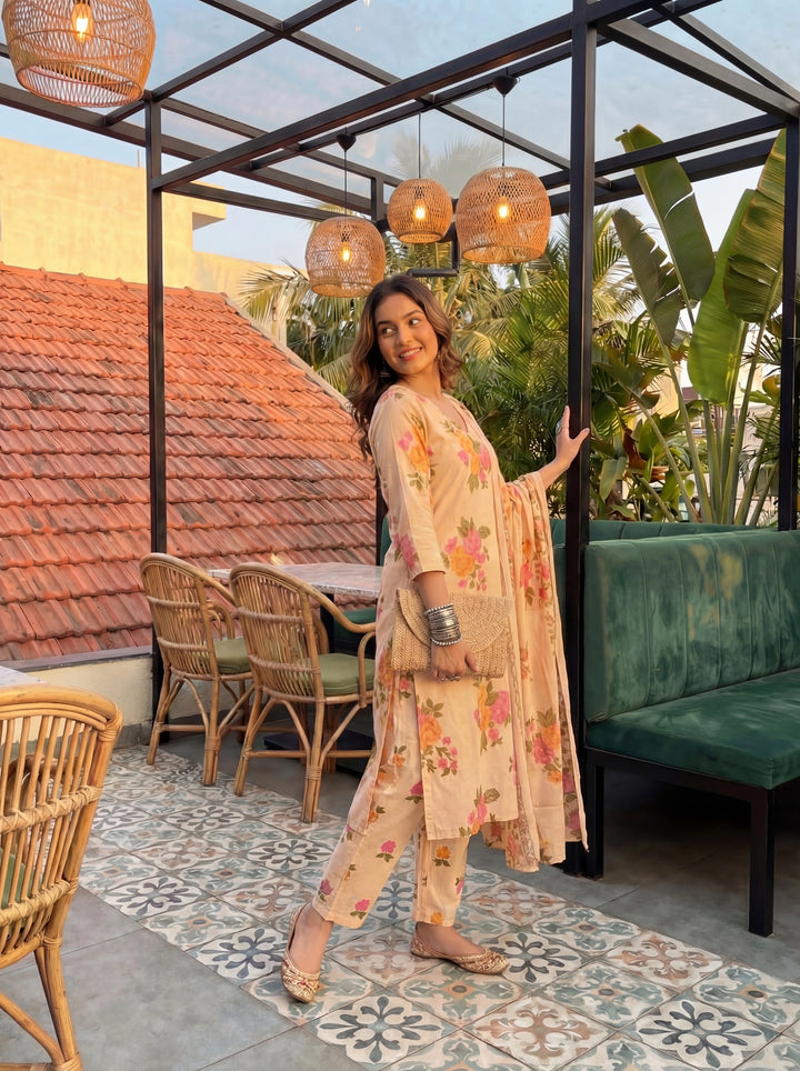 Peach Cotton Straight Kurta Pant Dupatta Set