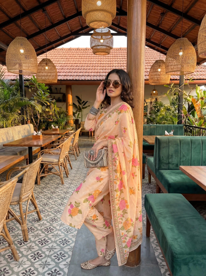 Peach Cotton Straight Kurta Pant Dupatta Set