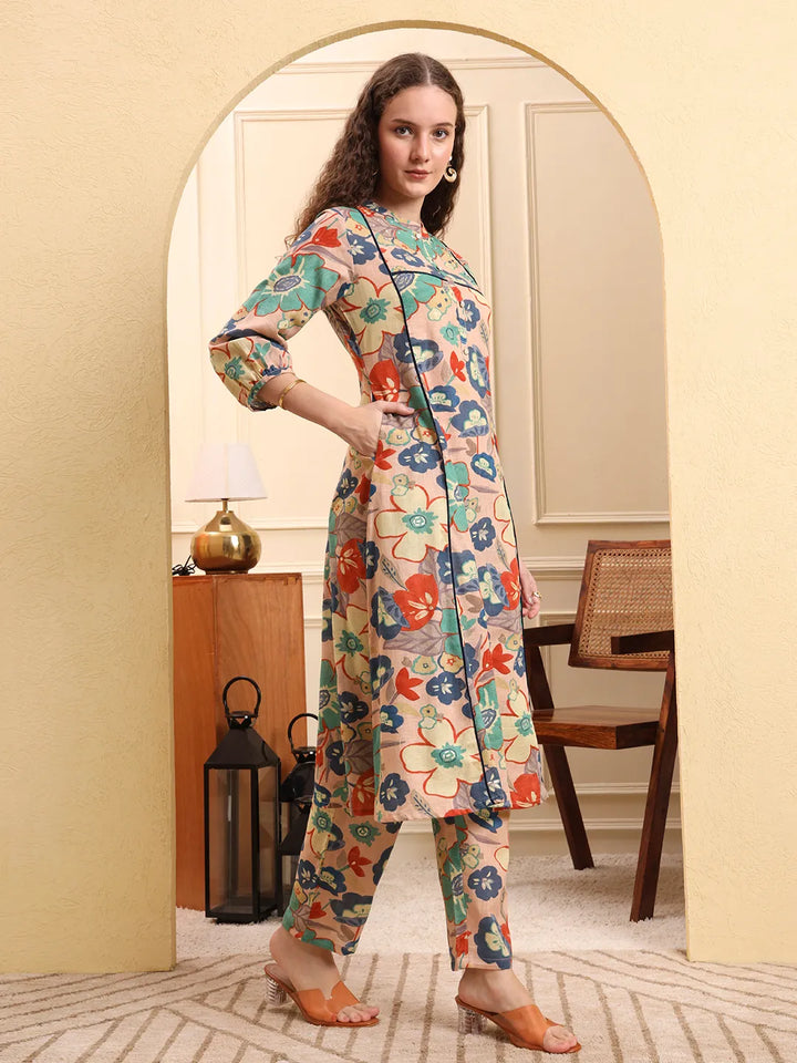 Peach Floral Print A-Line Kurta Trouser Set