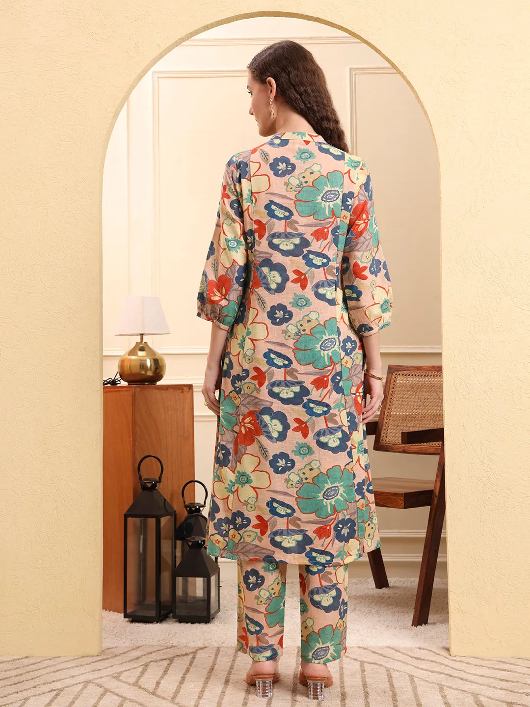 Peach Floral Print A-Line Kurta Trouser Set