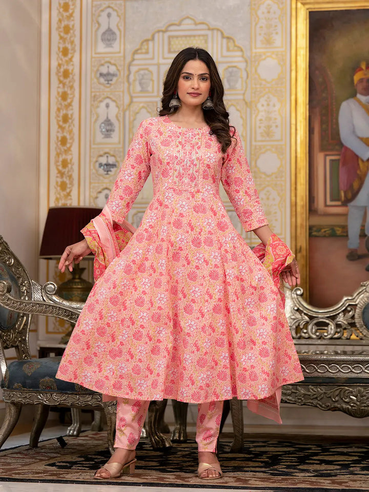 Peach Floral Print Anarkali Kurta Trouser And Dupatta Set-Yufta Store-6932SKDPCS
