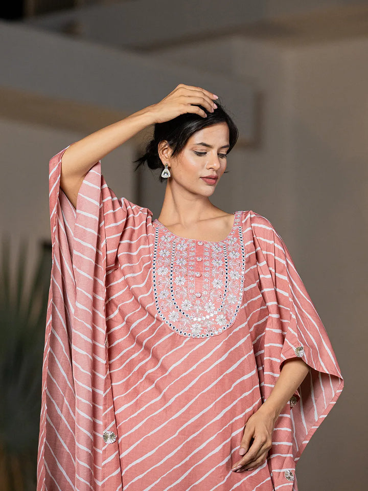 Peach Leheriya Embroidered Kaftan Kurta Set-Yufta Store-6898SETPCS