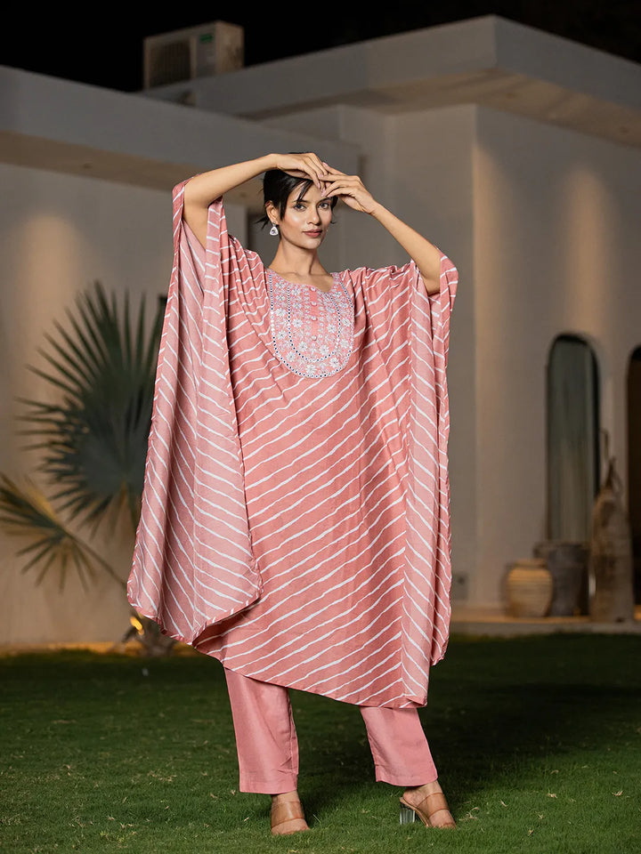 Peach Leheriya Embroidered Kaftan Kurta Set-Yufta Store-6898SETPCS