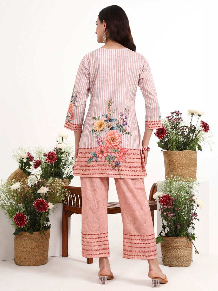 Peach Printed Cotton Co-Ord Set-Yufta Store-7492CRDPCM