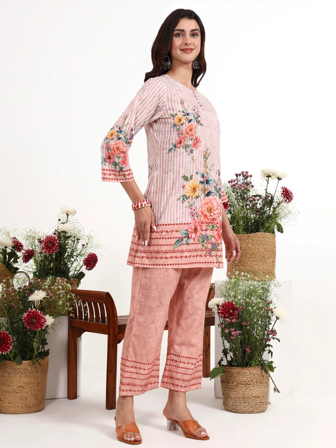 Peach Printed Cotton Co-Ord Set-Yufta Store-7492CRDPCM