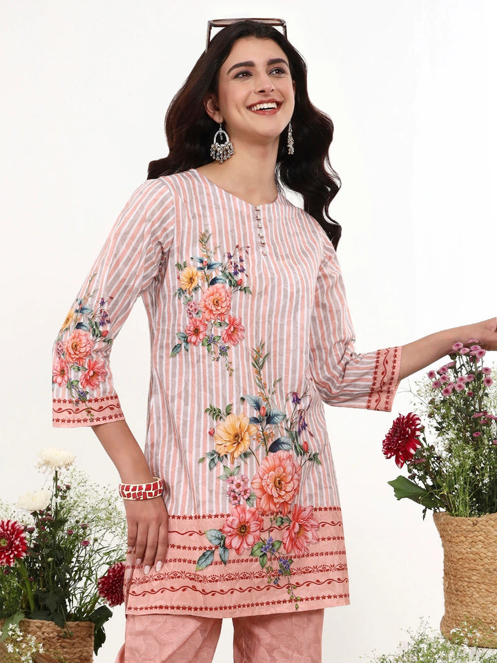 Peach Printed Cotton Co-Ord Set-Yufta Store-7492CRDPCM