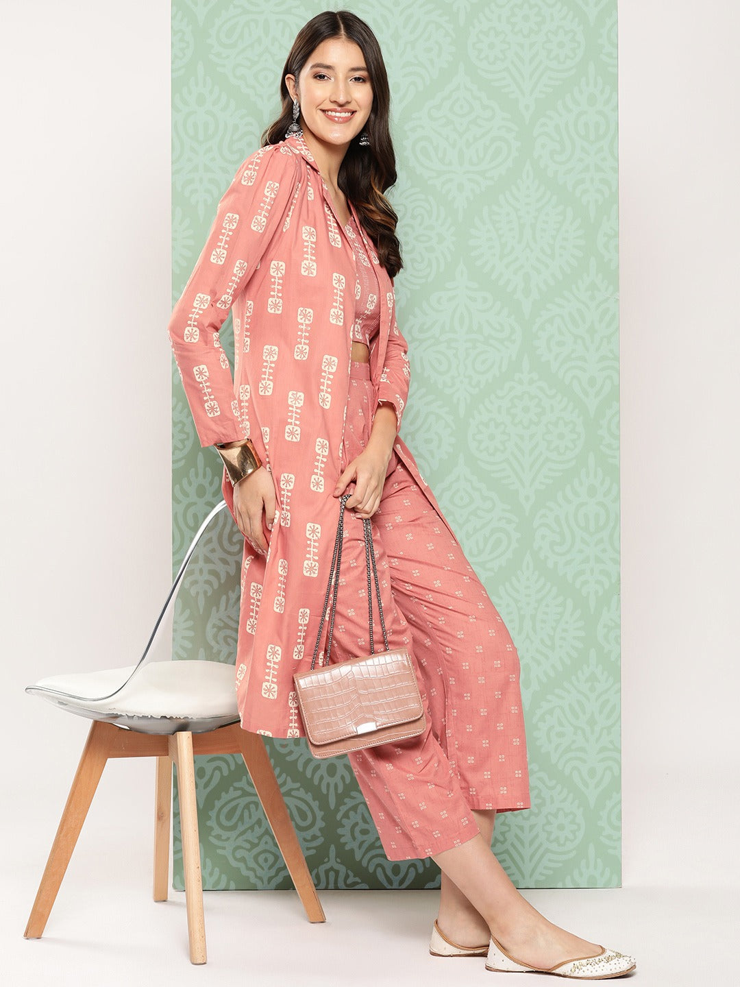 Peach Printed Cotton Top with Trousers with Shrug
