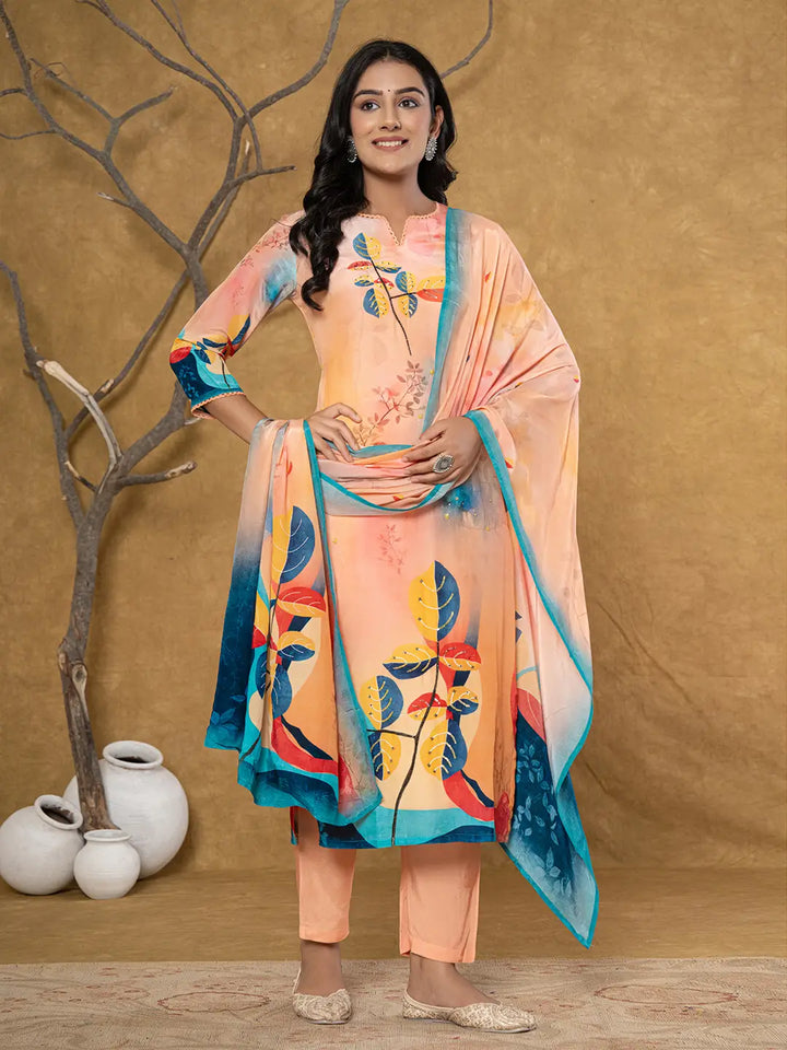 Peach Pure Crepe Placement Print Band Collar Kurta Dupatta Set-Yufta Store-7080SKDPCS