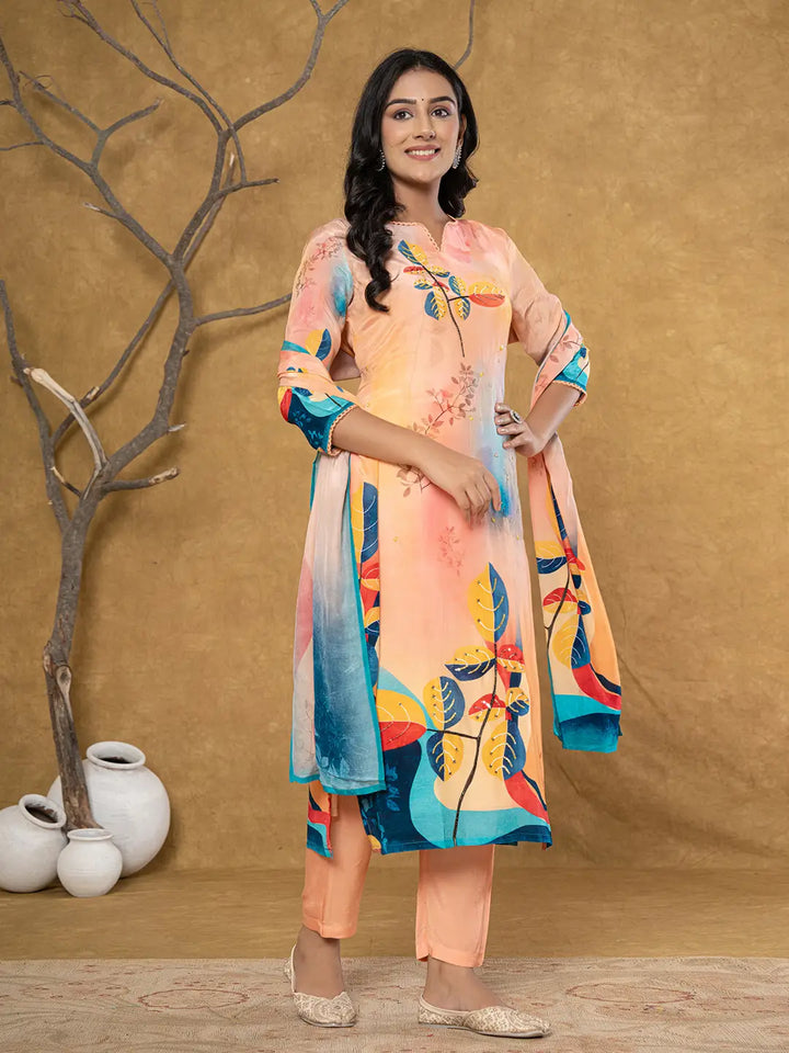 Peach Pure Crepe Placement Print Band Collar Kurta Dupatta Set-Yufta Store-7080SKDPCS