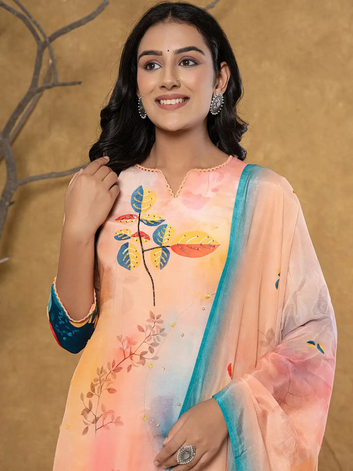 Peach Pure Crepe Placement Print Band Collar Kurta Dupatta Set-Yufta Store-7080SKDPCS