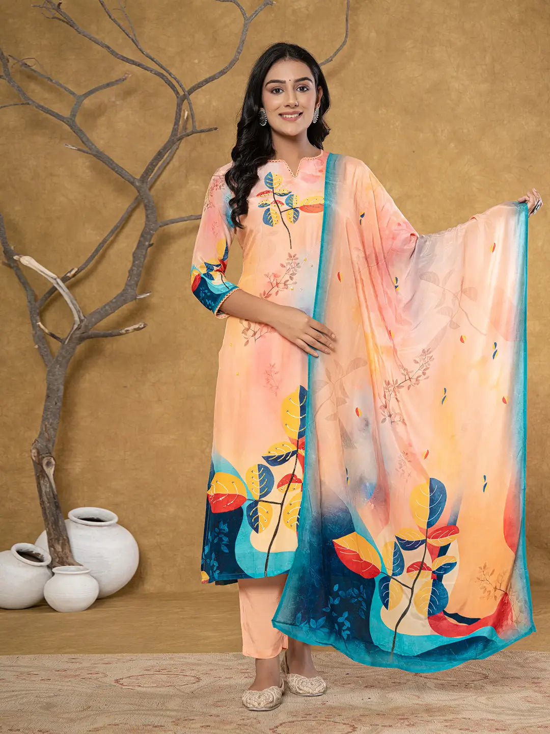 Peach Pure Crepe Placement Print Band Collar Kurta Dupatta Set-Yufta Store-7080SKDPCS