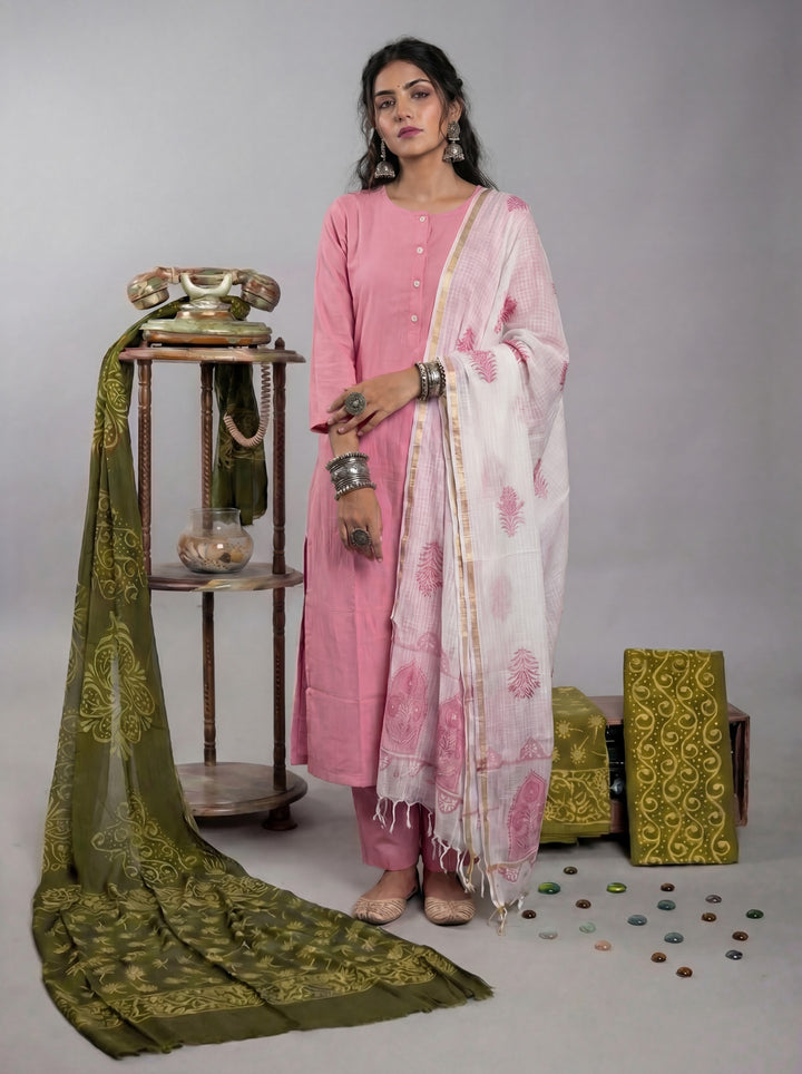 Peach Silk Blend Straight Kurta Pant With Handblock Print Kota Doriya Dupatta Set