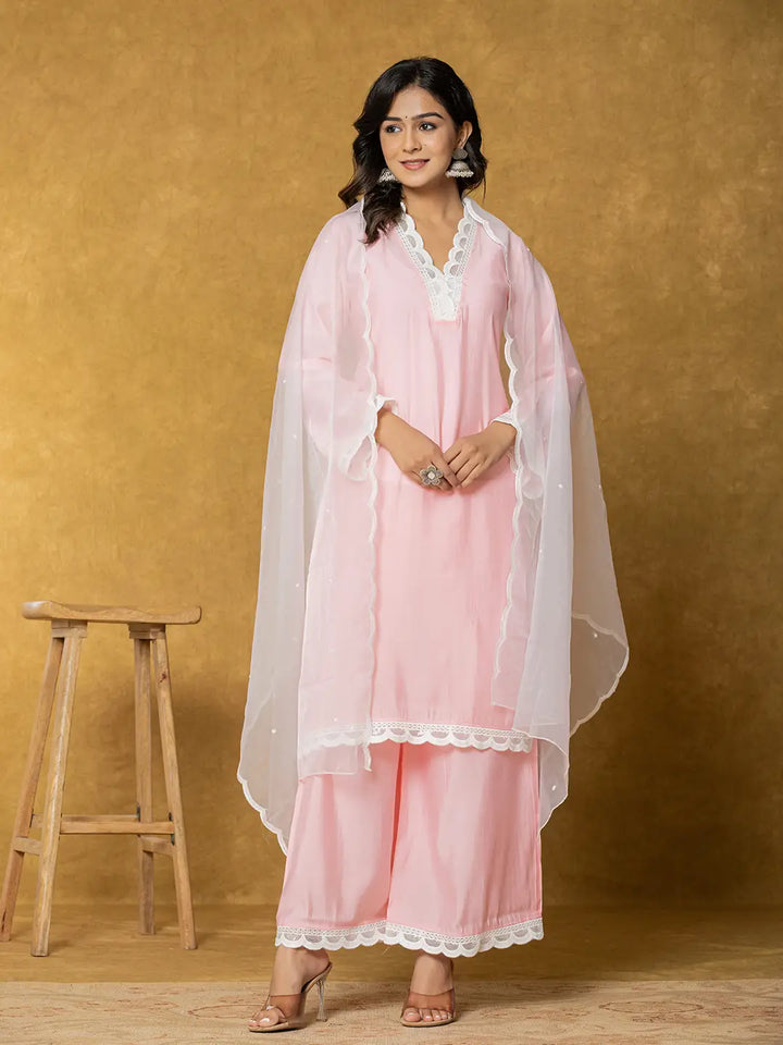 Peach Silk Kurta Set With Palazzo And Dupatta With Cotton Lining-Yufta Store-7330SKDPCS