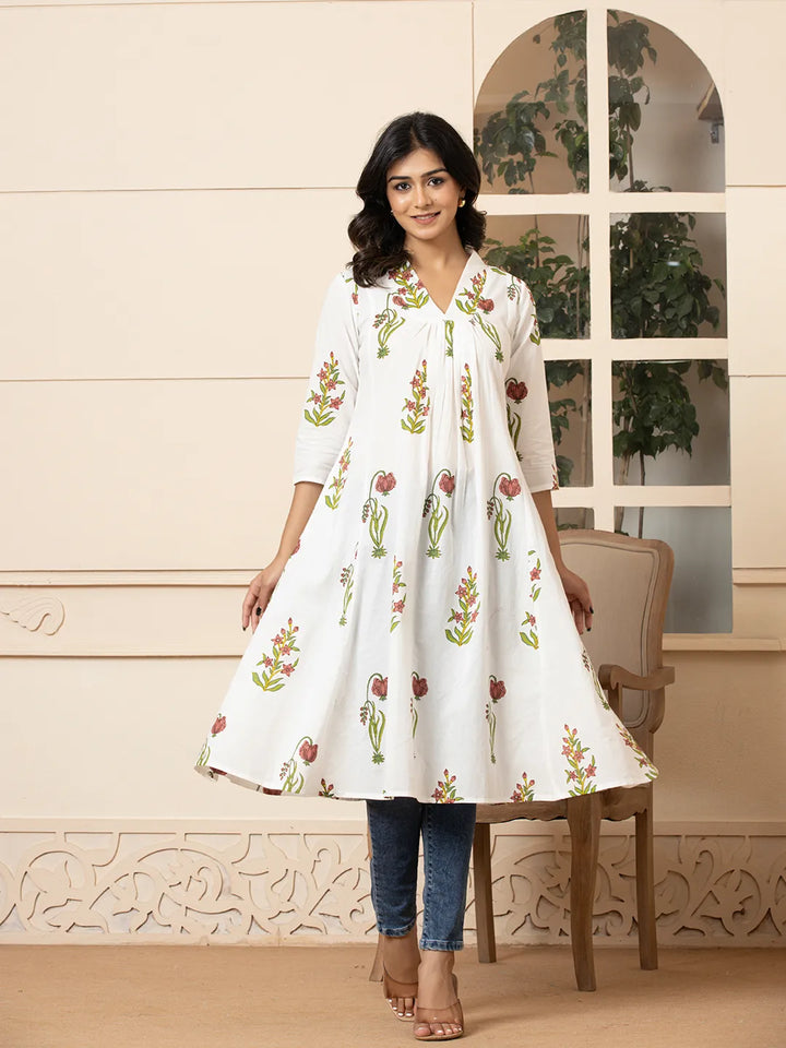 Pink & White Cotton Floral Print Aline Kurta-Yufta Store-6982KURPKS