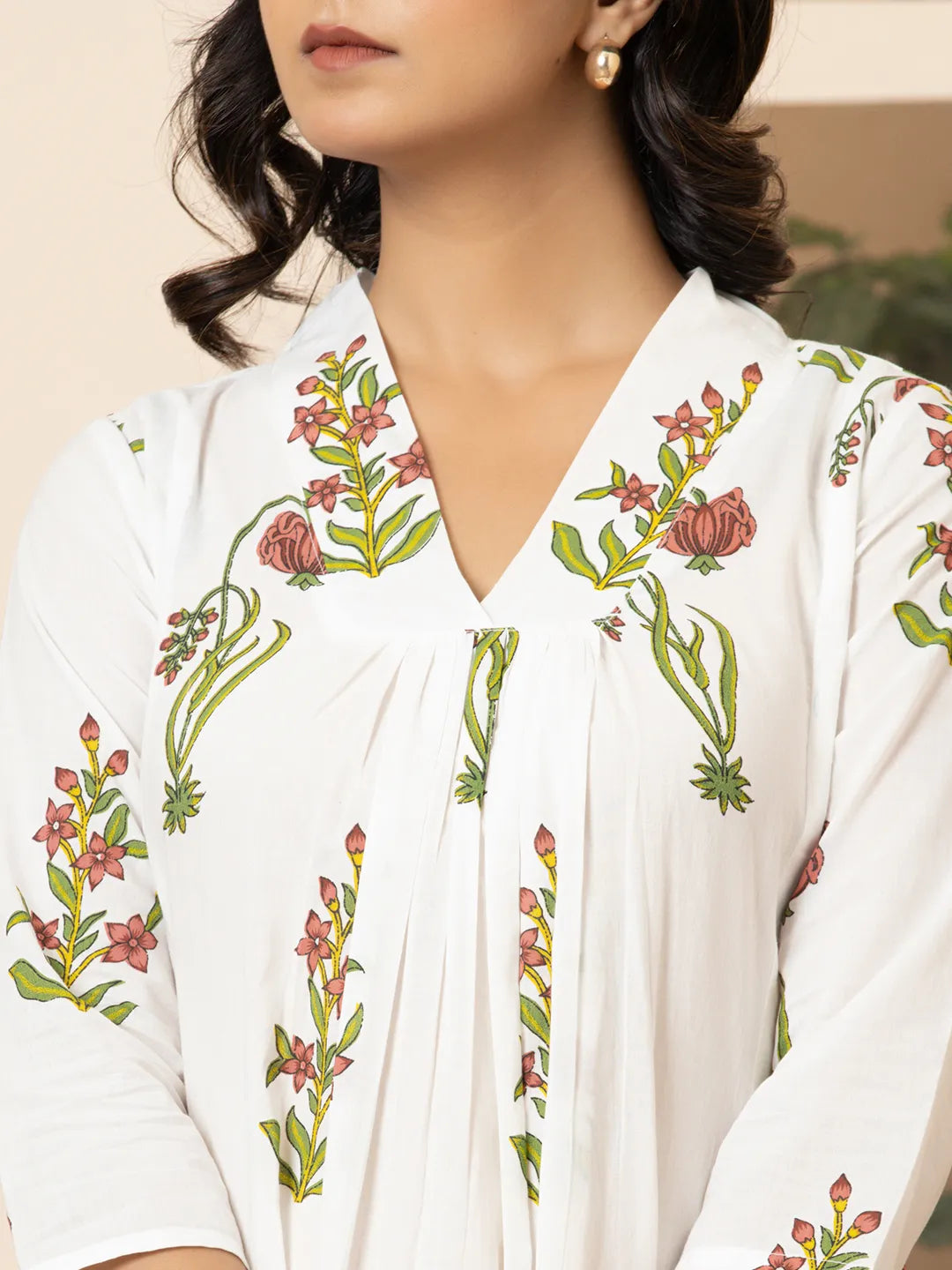 Pink & White Cotton Floral Print Aline Kurta-Yufta Store-6982KURPKS