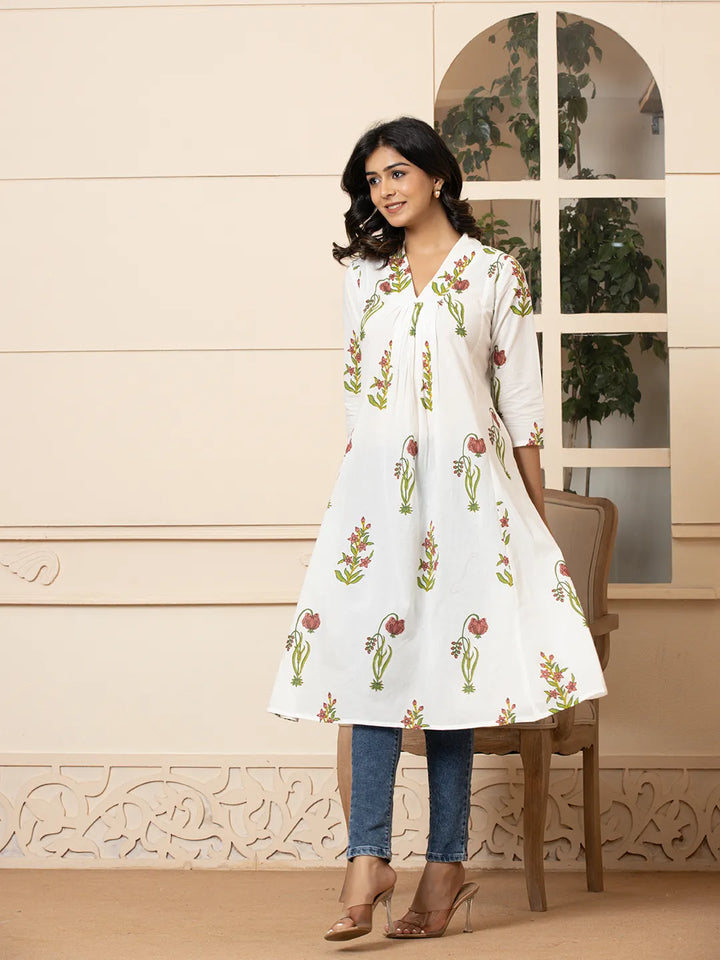 Pink & White Cotton Floral Print Aline Kurta-Yufta Store-6982KURPKS