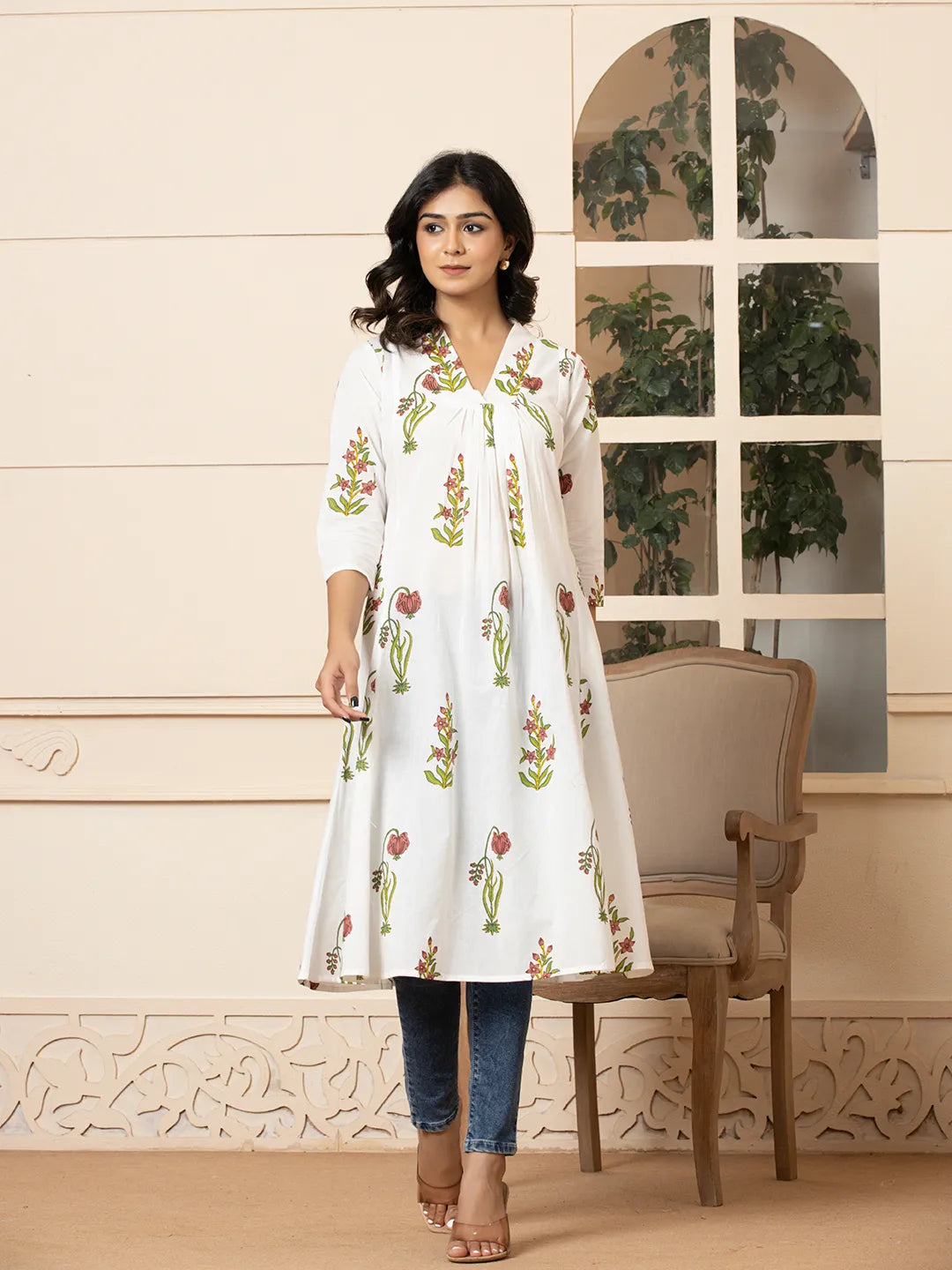 Pink & White Cotton Floral Print Aline Kurta-Yufta Store-6982KURPKS