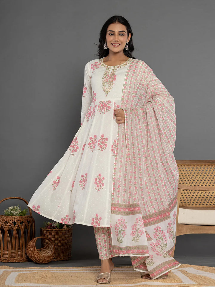 Pink & White Gota_Patti Cotton Anarkali Kurta Dupatta Pant Set-Yufta Store-7163SKDPKS