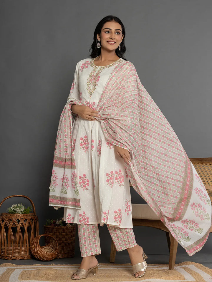 Pink & White Gota_Patti Cotton Anarkali Kurta Dupatta Pant Set-Yufta Store-7163SKDPKS