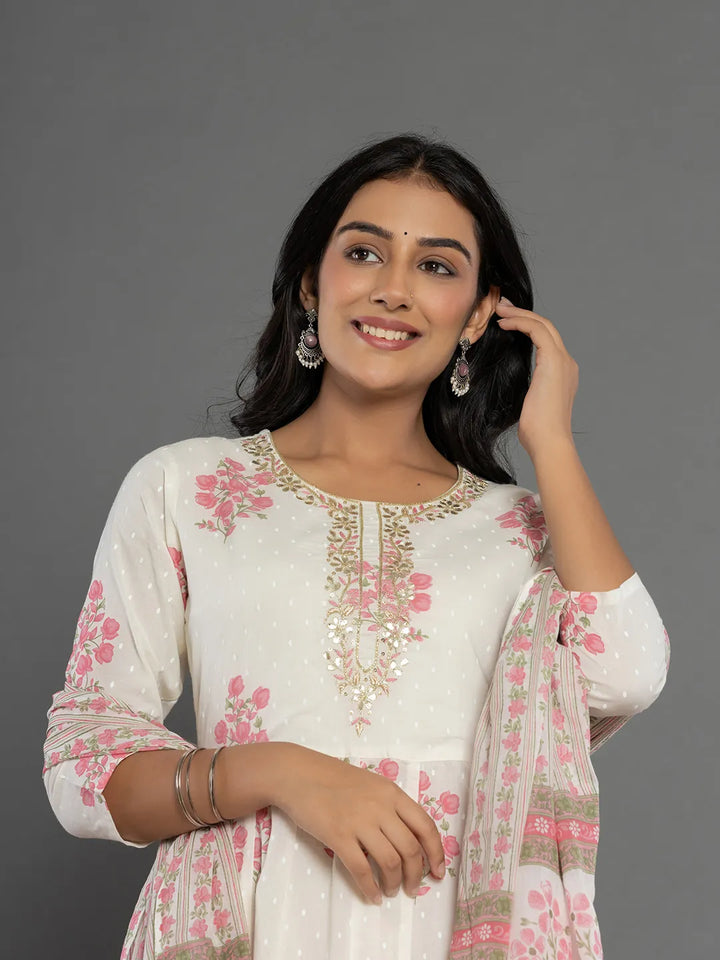 Pink & White Gota_Patti Cotton Anarkali Kurta Dupatta Pant Set-Yufta Store-7163SKDPKS