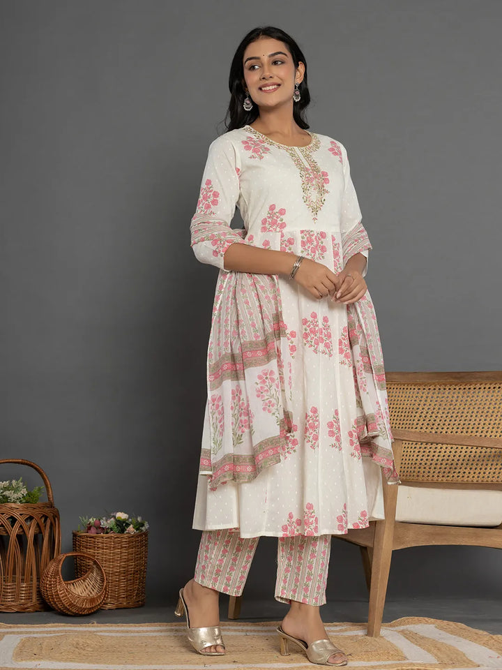 Pink & White Gota_Patti Cotton Anarkali Kurta Dupatta Pant Set-Yufta Store-7163SKDPKS