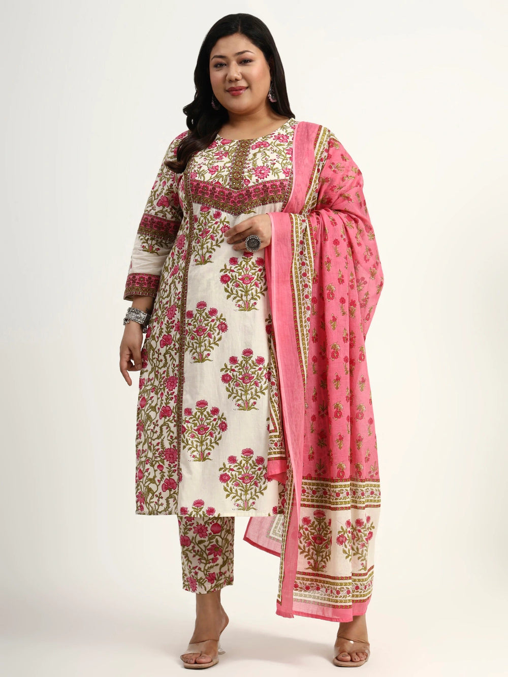 Pink And Beige Pure Cotton Floral Sequins Work Kurta Dupatta Set-Yufta Store-6496PSKDPK4XL