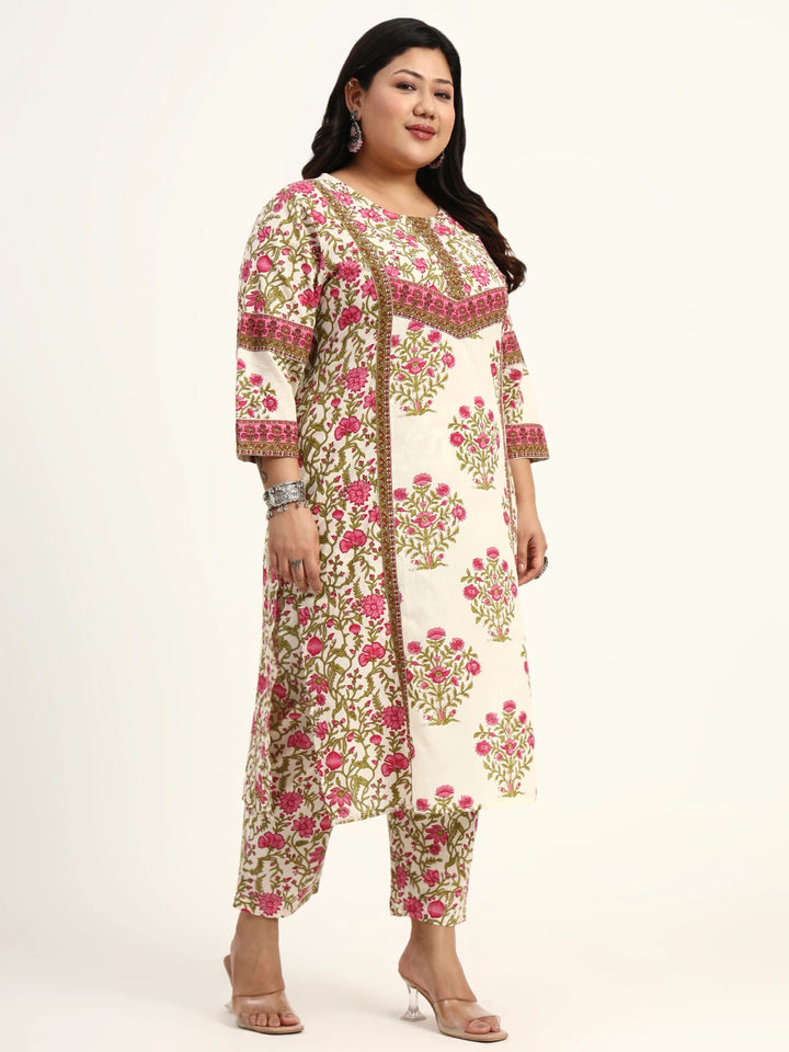 Pink And Beige Pure Cotton Floral Sequins Work Kurta Dupatta Set-Yufta Store-6496PSKDPK4XL