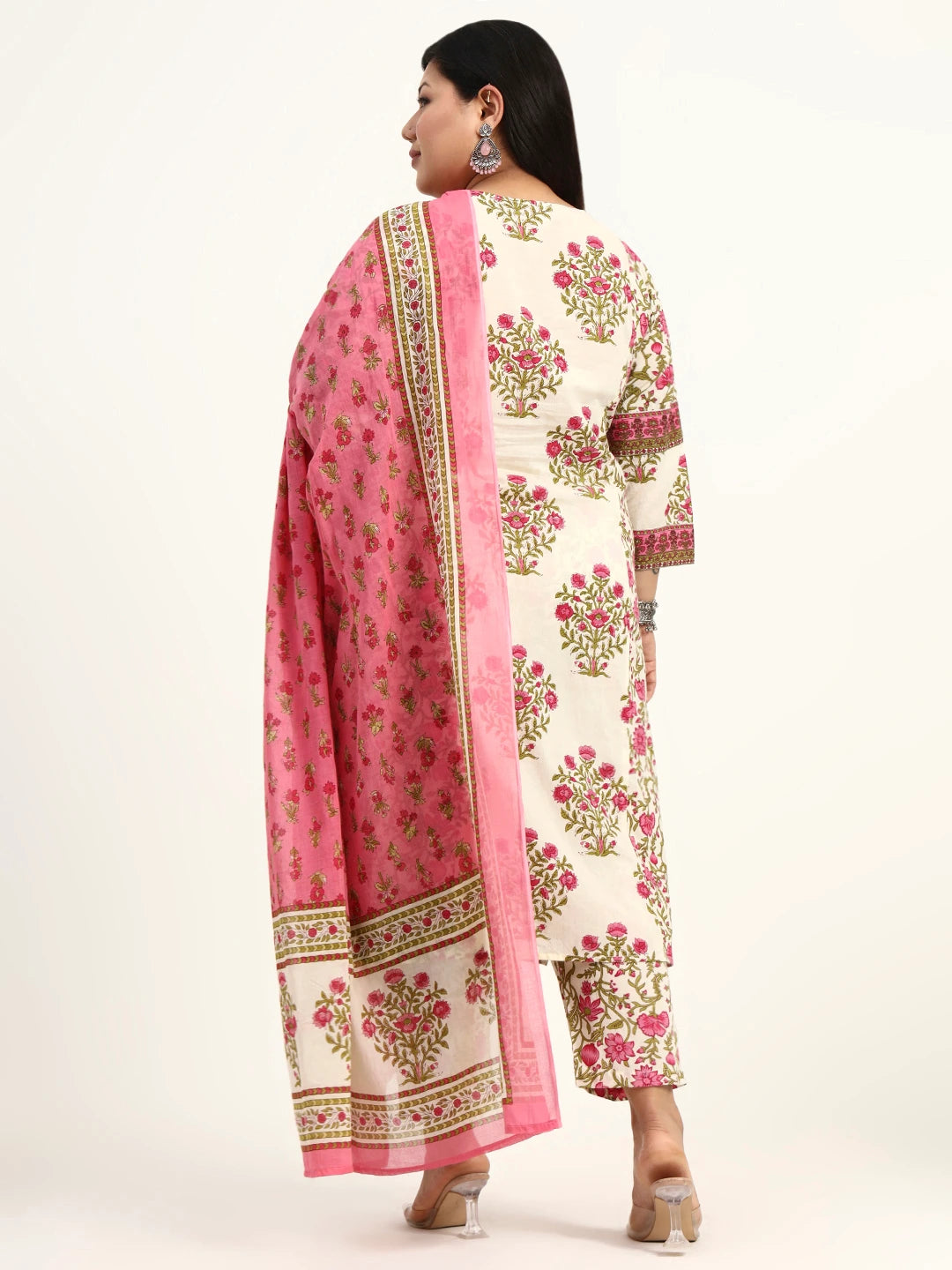 Pink And Beige Pure Cotton Floral Sequins Work Kurta Dupatta Set-Yufta Store-6496PSKDPK4XL