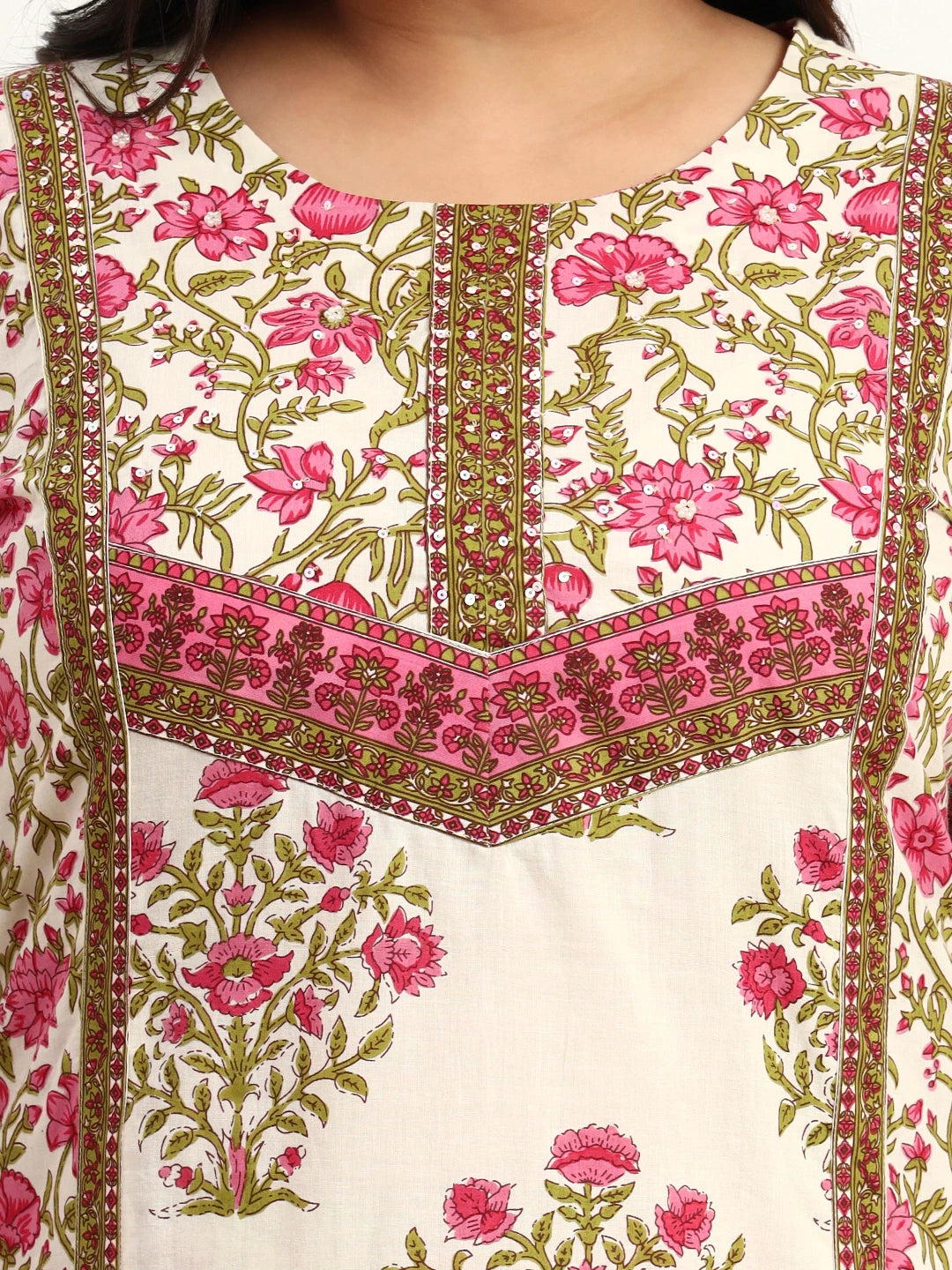 Pink And Beige Pure Cotton Floral Sequins Work Kurta Dupatta Set-Yufta Store-6496PSKDPK4XL