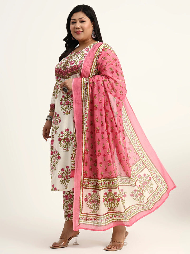 Pink And Beige Pure Cotton Floral Sequins Work Kurta Dupatta Set-Yufta Store-6496PSKDPK4XL