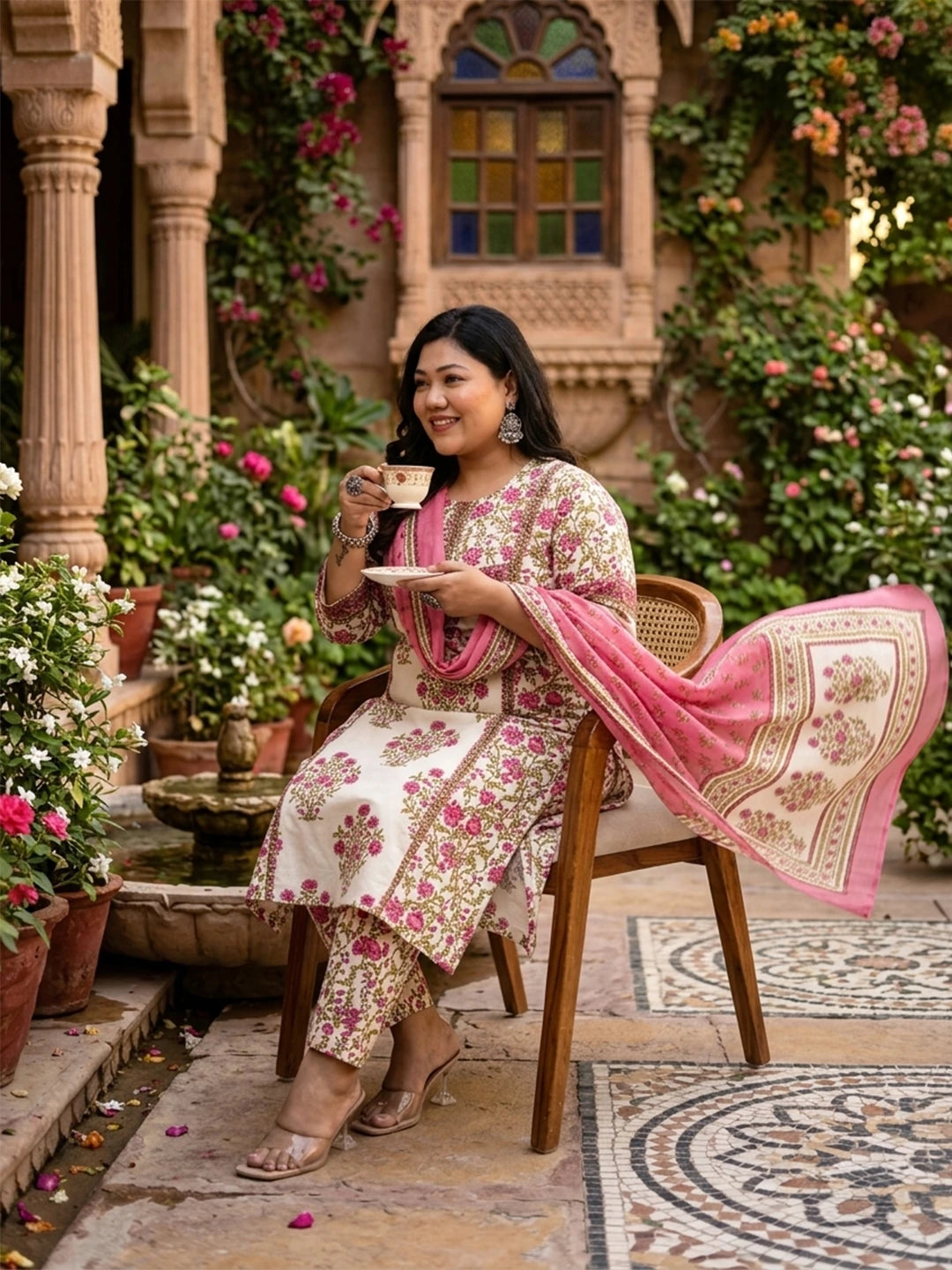 Pink And Beige Pure Cotton Floral Sequins Work Kurta Dupatta Set-Yufta Store-6496PSKDPK4XL