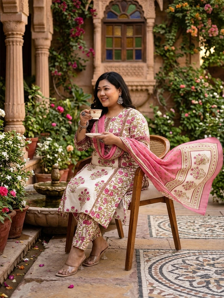 Pink And Beige Pure Cotton Floral Sequins Work Kurta Dupatta Set-Yufta Store-6496PSKDPK4XL