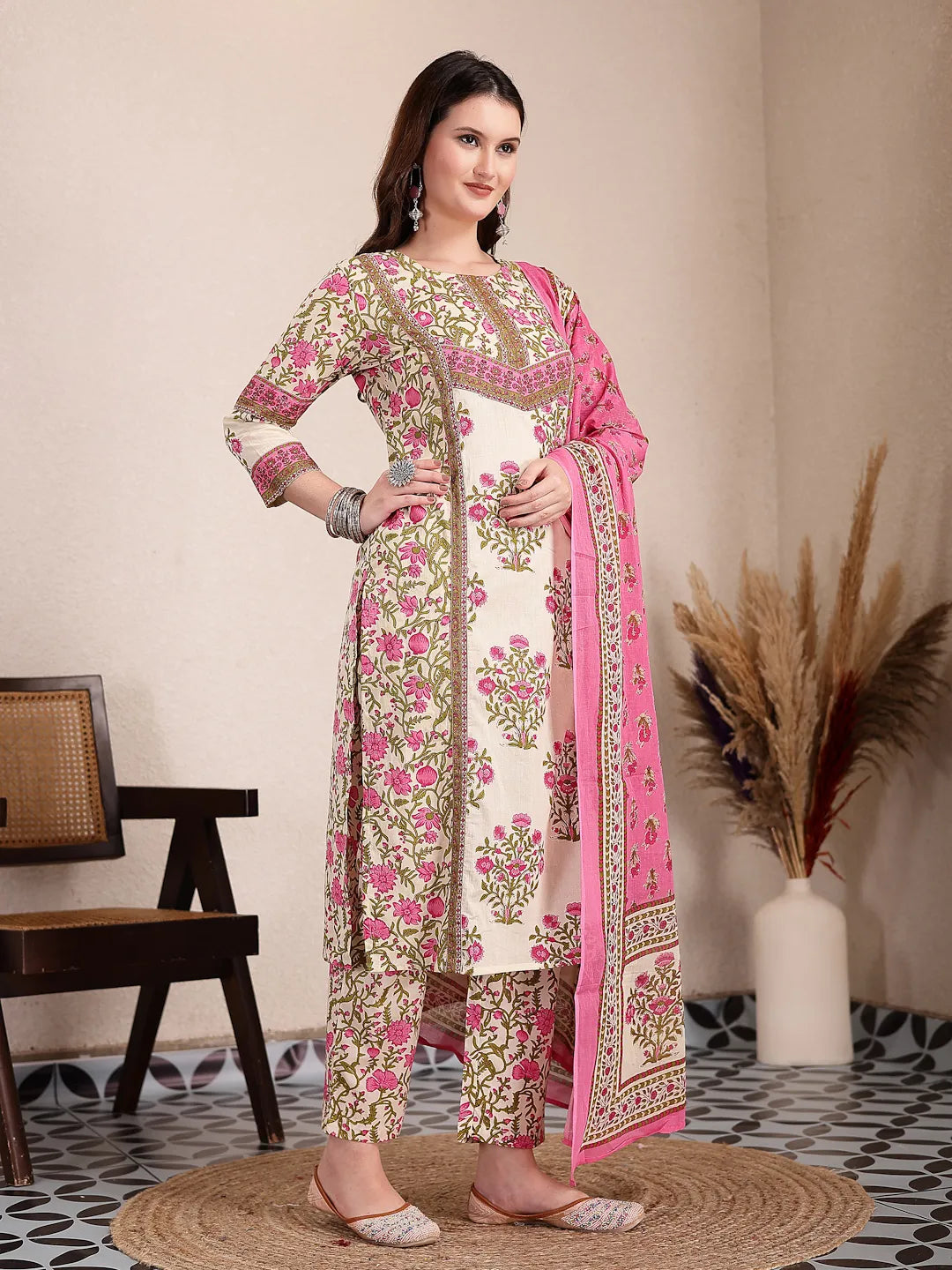 Pink And Beige Pure Cotton Floral Sequins Work Kurta Dupatta Set-Yufta Store-6496SKDPKM