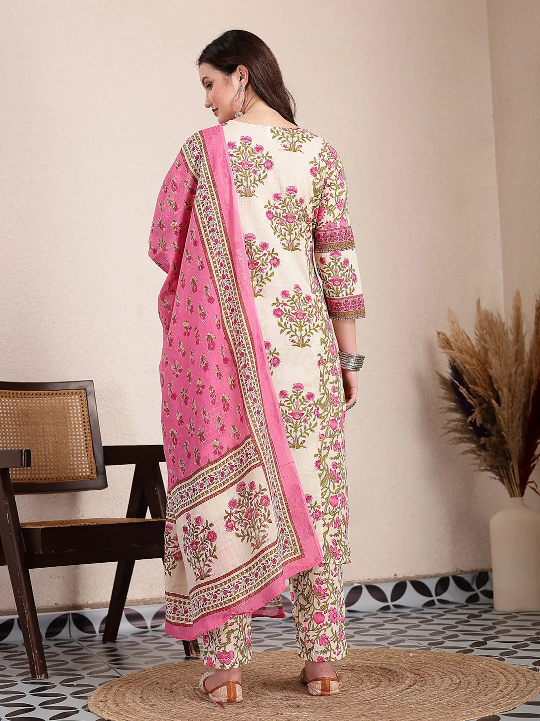 Pink And Beige Pure Cotton Floral Sequins Work Kurta Dupatta Set-Yufta Store-6496SKDPKM