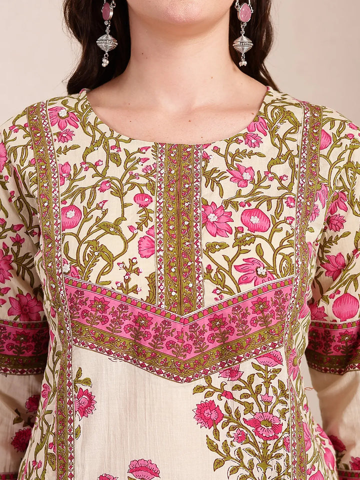 Pink And Beige Pure Cotton Floral Sequins Work Kurta Dupatta Set-Yufta Store-6496SKDPKM