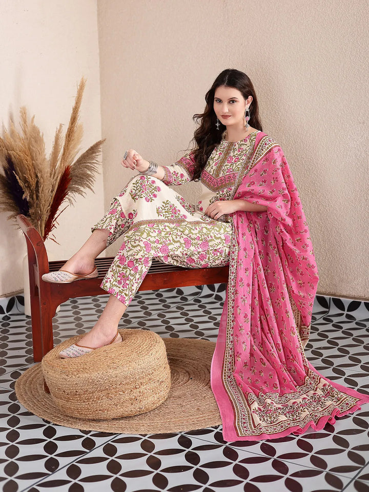 Pink And Beige Pure Cotton Floral Sequins Work Kurta Dupatta Set-Yufta Store-6496SKDPKM